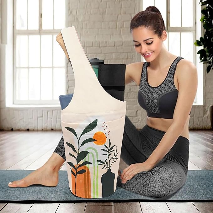 Yoga Mat Bag Carrier for Women with Side Large Pocket Durable Linen Workout Gym Travel Storage Pilates Mats