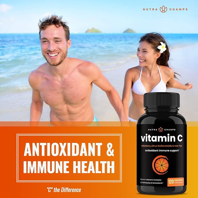 NutraChamps Vitamin C 1000mg with Rose HIPS, Vitamin C Supplement with Elderberry & Citrus Bioflavonoids, Kids Immune Boosting Supplement, 500mg Capsules Pill