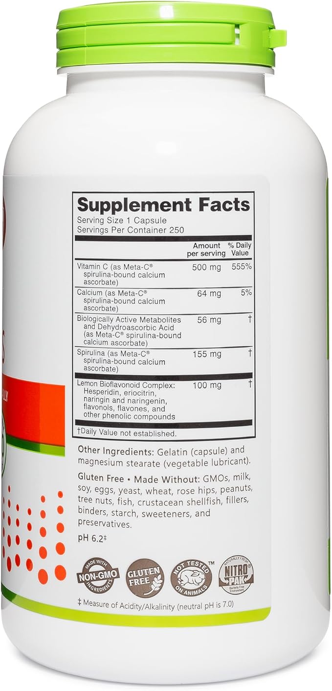 NutriBiotic Meta-C Capsules, 500 mg Spirulina-Bound Vitamin C, 250 Count | Buffered with Calcium, Biologically Active Spirulina Metabolites & Lemon Bioflavonoids | Antioxidant & Collagen Support