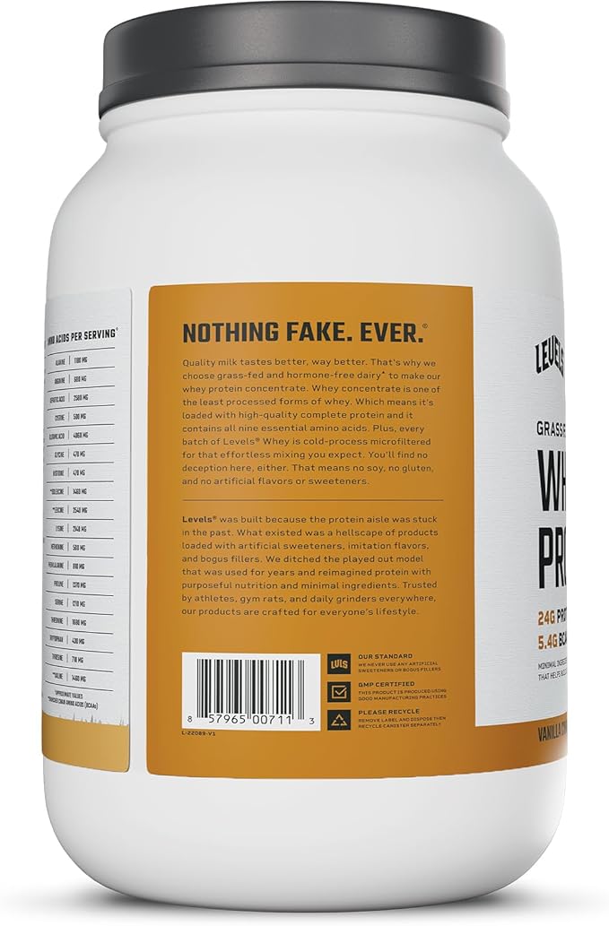Levels Grass Fed Whey Protein Powder, No Artificials, 24G of Protein, Vanilla Cinnamon, 2LB