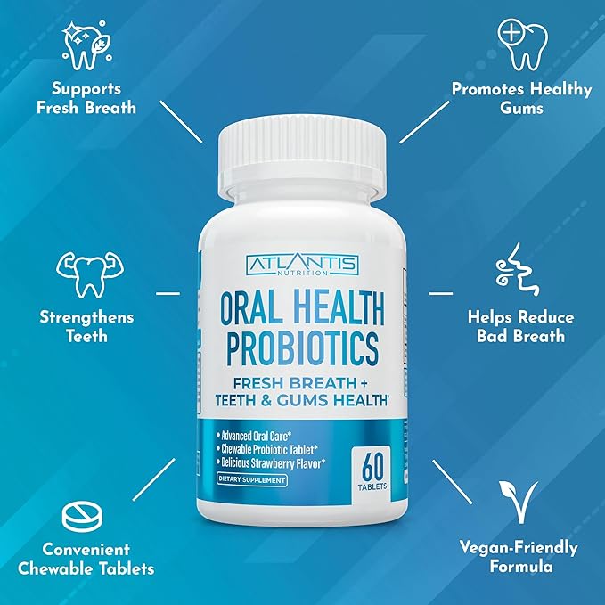 Atlantis Nutrition Oral Probiotics Chewable Tablet - Dental Probiotic for Gum Care & Teeth Care - Bad Breath Treatment for Adults - 3 Billion CFU Probiotic Blend - Strawberry Flavor - 60 Tablets