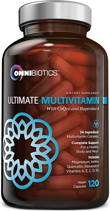OmniBiotics Ultimate Daily Multivitamin for Women & Men β 34 Essential Ingredients Including Vitamin A, C, D, E, B6, B12, Biotin, Zinc β 120 Vegan Capsules