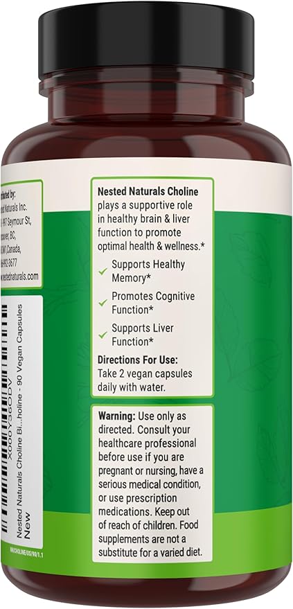 Nested Naturals Choline Bitartrate 500mg - High Potency Choline Supplements - Supports Cognitive Performance & Liver Function - 100% Vegan & Non-GMO Choline - 3-Pack (270 Vegan Capsules)