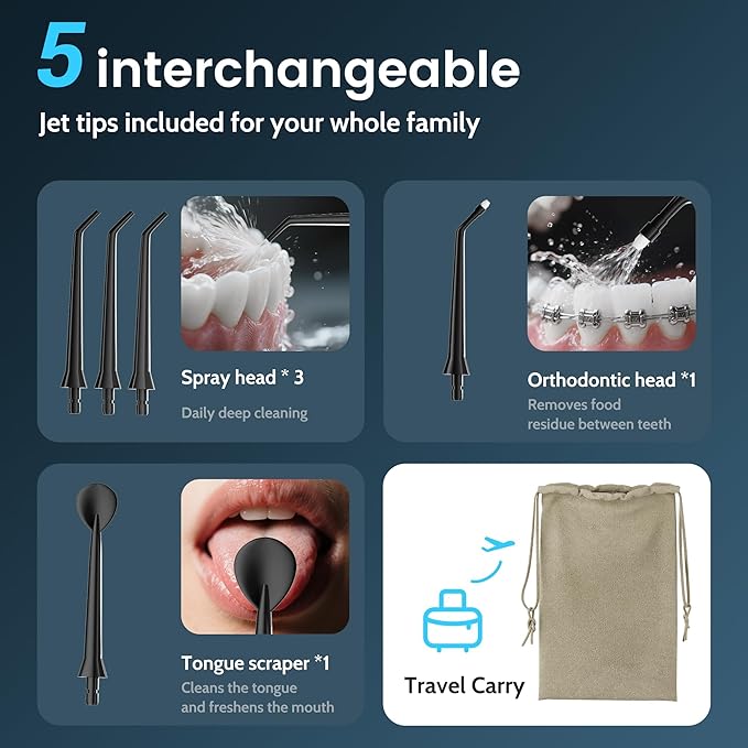 Water Flossers for Teeth, Electric Floss for Adults & Kids, Water Dental Picks, Cleaning and Flossing, Portable Flossers for Travel Size, Gums, Dental Care with Travel Bag, Waterproof - Black/White