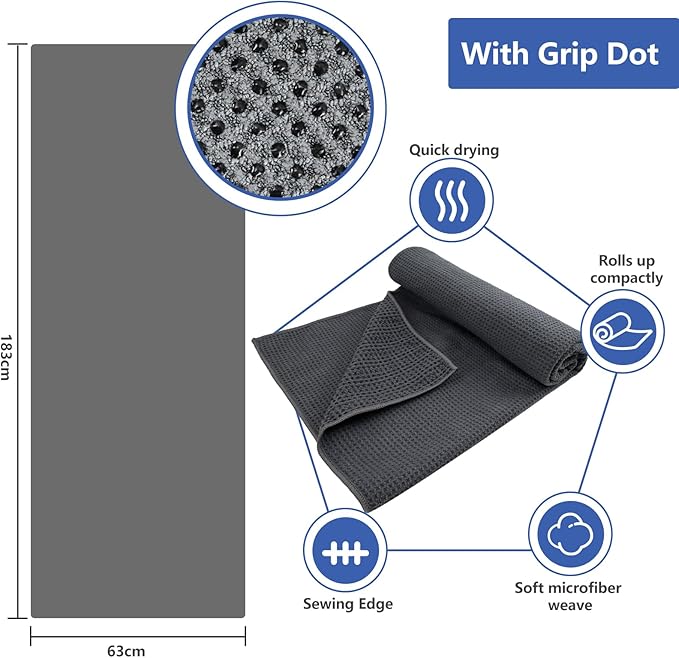 Hot Yoga Towel - Microfiber Non Slip Yoga Mat Towel with Grip Dot Sweat Absorbent Towel for Hot Yoga, Pilates and Fitness 72" x 24", Grey