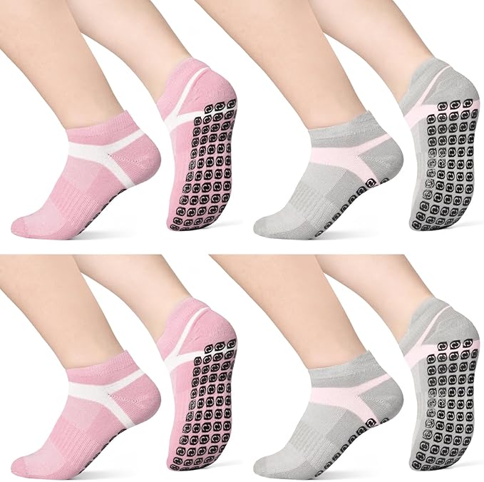 Jspupifip 4 Pairs Non Slip Yoga Socks with Grips for Women Men Pilates Grippy Socks Cotton Barre Hospital Home