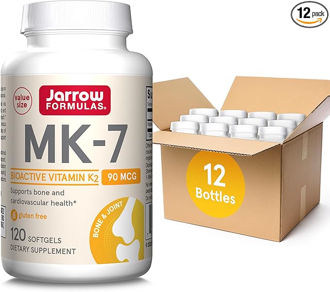 Jarrow Formulas MK-7 90mcg-Bioactive Form of VIT K2-120 Servings(Softgels)-for Bone & CV Health-VIT K2 MK-7 Dietary Supp-K2 VIT Supp MK-7-Gluten Free,12 Pack