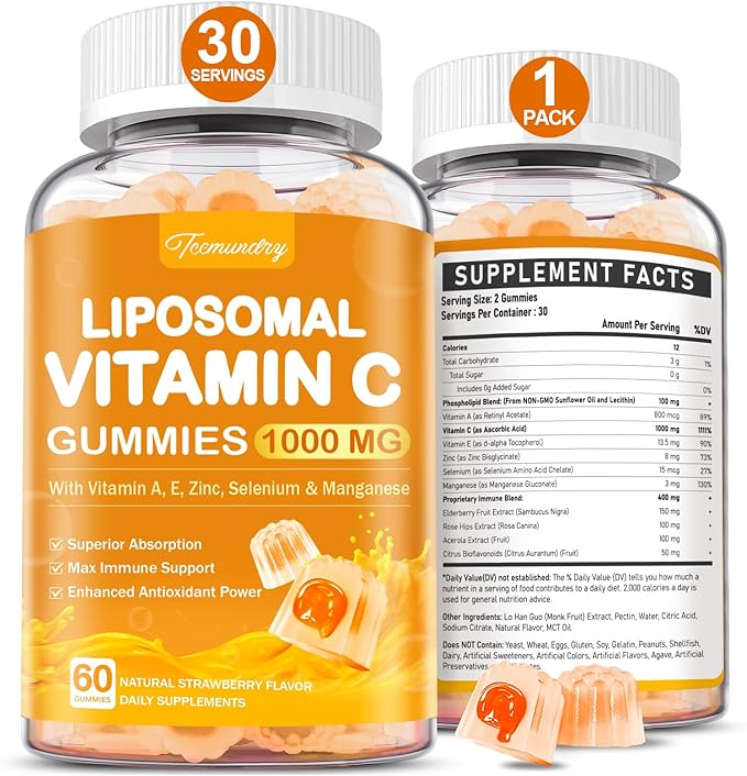 Liposomal Vitamin C Gummies 1000mg for Adults: Vitamin C Chewable Gummy with Zinc, Elderberry, Vitamins A & E