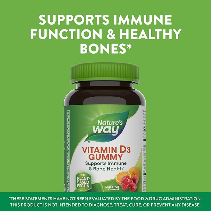 Nature's Way Vitamin D3 Gummies, Supports Immune and Bone Health*, 2000 IU (50 mcg) per 2-Gummy Serving, Mixed Fruit Flavored, 120 Gummies (Set of 2)