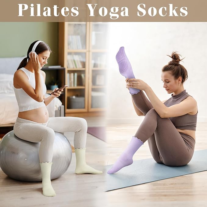 Justay 6 Pairs Womens Pilates Socks with Grips Crew Non Slip Ruffle Cotton for Athletic Workout Barre Hospital Yoga Socks