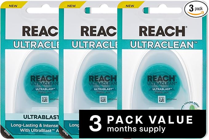 REACH® ULTRACLEAN ULTRABLAST, Cool Mint Dental Floss, Plaque Remover for Teeth, Shred Resistant, Waxed, Easy on Gums & Teeth, Fresh Breath, Oral Care, PFAS Free, for Adults & Kids, 3 PK, 25 YD