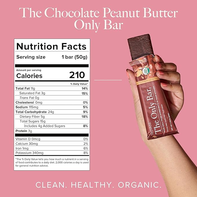 Truvani Plant Based Snack Bars | Chocolate Peanut Butter 12 Pack | 7g Protein | USDA Organic and Vegan | The Only Bar | Dairy, Soy, and Gluten Free | Individually Wrapped