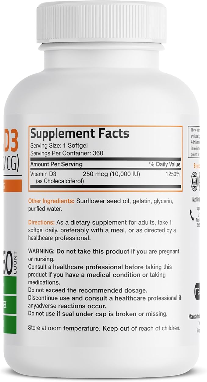 Bronson Vitamin D3 10,000 IU (250 mcg) High Potency - Supports Healthy Immune System, Strong Bones, Muscles & Teeth - Non GMO, 360 Softgels (1 Year Supply)