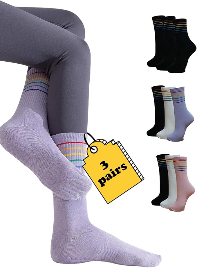 Women Pilates and Yoga Socks with Cotton, Breathable,Absorbent, Non-slip Footbed 3 Pairs