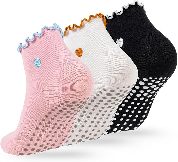 3/6 Pairs Cute Pilates Socks with Grips,Yoga Socks Barre Sock Non Slip Embroidery for Barre Ballet Workout