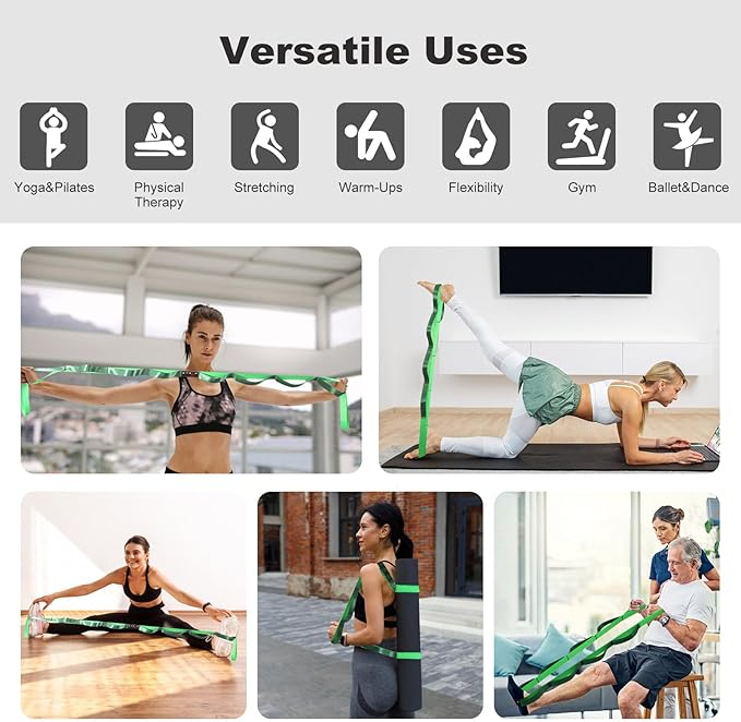 Durable Non-Elastic Stretch Strap for Physical Therapy and Yoga, 10 Loops Stretching Band for Pilates, Flexibility, Exercise - Ideal for Men & Women