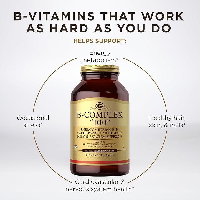 Solgar B-Complex "100", 250 Vegetable Capsules - Nervous System Support - Supports Energy Metabolism - Non-GMO, Vegan, Gluten Free, Dairy Free, Kosher - 250 Servings