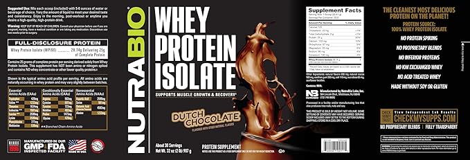 NutraBio 100% Whey Protein Isolate Protein Powder, 25g Protein with Complete Amino Acid Profile, Non-GMO, Soy & Gluten Free, Low Carb, Low Calorie Whey Protein Powder, Dutch Chocolate, 2 Lbs
