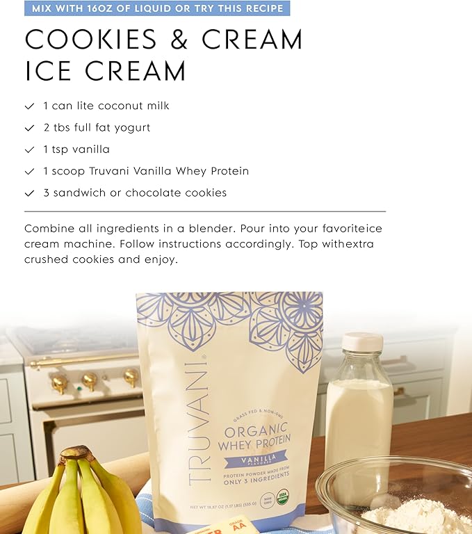 Truvani Organic Whey Protein Powder | Vanilla | 20g Grass Fed Whey Protein | 20 Servings | USDA Organic & Non-GMO | Gluten Free | No Gums, No Soy, No Stevia, No Added Sugars