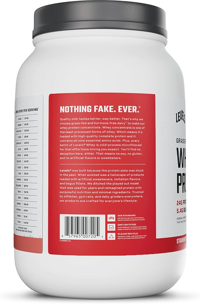 Levels Grass Fed Whey Protein Powder, No Artificials, 24G of Protein, Strawberry, 2LB
