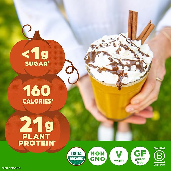 Orgain Organic Vegan Protein Powder, Pumpkin Spice Seasonal Flavor - 21g of Plant Protein, 5g Prebiotic Fiber, No Lactose Ingredients, No Added Sugar, Non-GMO, For Shakes & Smoothies, 1.02 lb