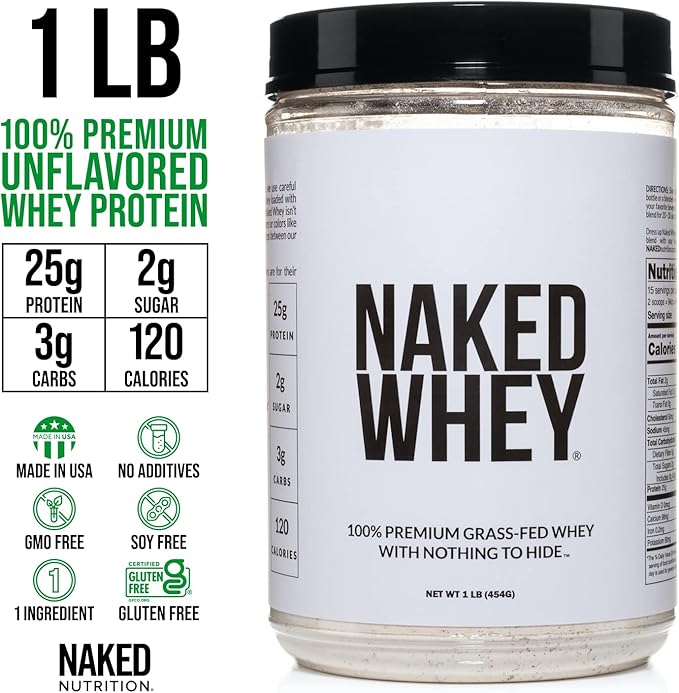 NAKED Whey 1Lb - Only 1 Ingredient, Grass Fed Whey Protein Powder, Undenatured, No Gmos, No Soy, Gluten Free, Stimulate Growth, Enhance Recovery - 15 Servings