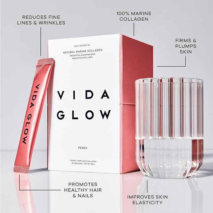 Vida Glow Marine Collagen Powder - Anti Aging Supplement with Collagen Peptides, Promotes Glowing Skin, Strong Nails, Healthy Hair | 30 Servings, Peach Flavor