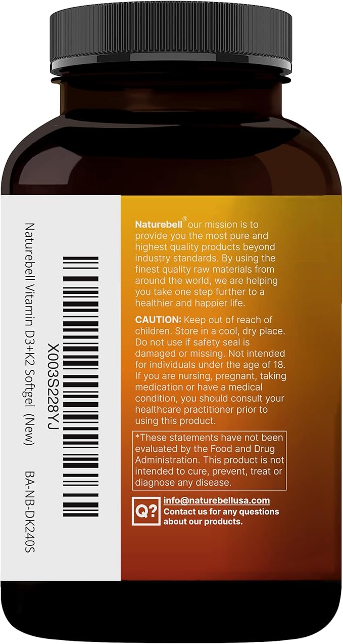 NatureBell Vitamin D3 5,000 IU + K2 100 mcg, 240 Softgels | Daily 2-in-1 Formula with Virgin Coconut Oil | Bone, Heart & Immune Support | MK-7 Form | Non-GMO, Gluten-Free