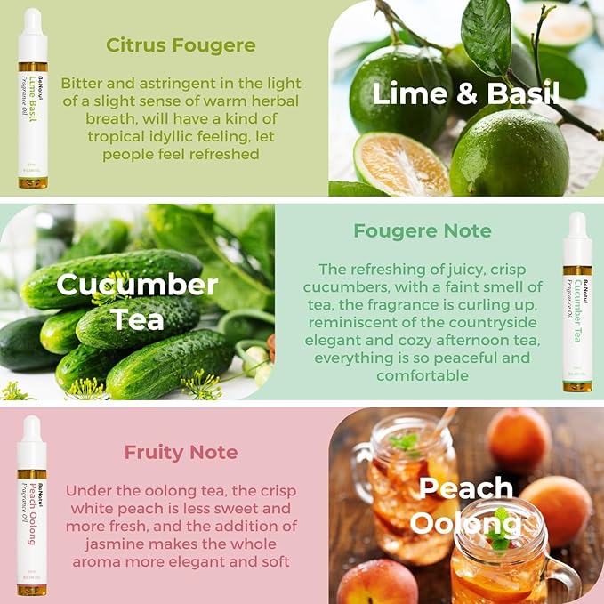 Benatu Summer Premium Fragrance Oils Set for Diffuser, Candle, Soap Making - Fruity Scents Aromatherapy Perfume Oil Gift for Home (Lime Basil, Cucumber, Peach, Strawberry, Melon, Blackberry Bay) 6 Pcs