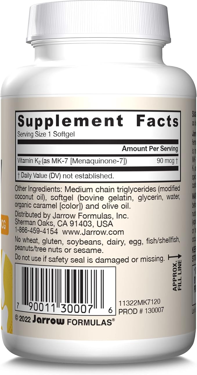 Jarrow Formulas MK-7 90 mcg - Bioactive Form of Vitamin K2-120 Servings (Softgels) - for Bone & Cardiovascular Health - Vitamin K2 MK-7 Dietary Supplement - K2 Vitamin Supplement MK-7 - Gluten Free