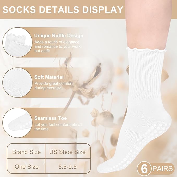 Justay 6 Pairs Womens Pilates Socks with Grips Crew Non Slip Ruffle Cotton for Athletic Workout Barre Hospital Yoga Socks