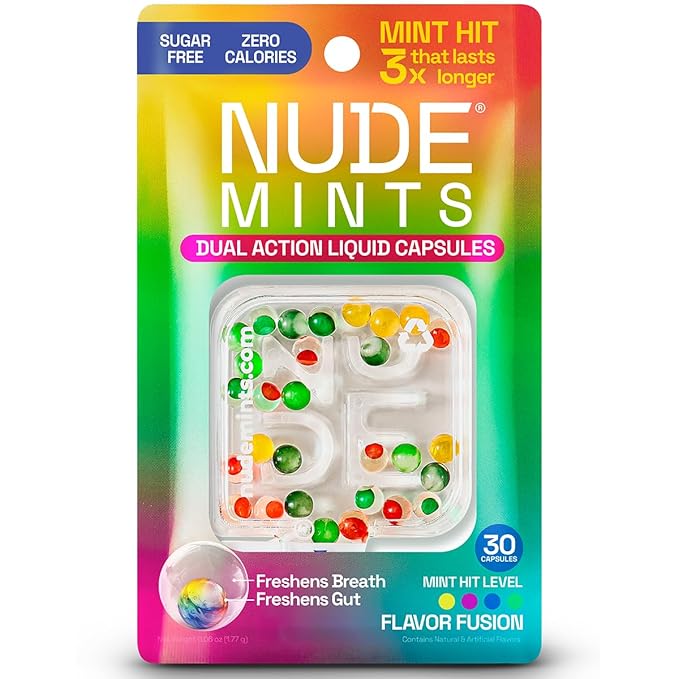 NUDE MINTS | Dual Action Liquid Capsules | Mouth Watering Mint - Lasts 3X Longer - 3X Stronger - Extreme Bad Breath Treatment For Adults - Sugar Free, 0 Calorie - All Flavors - 5 Pack - 150 Capsules