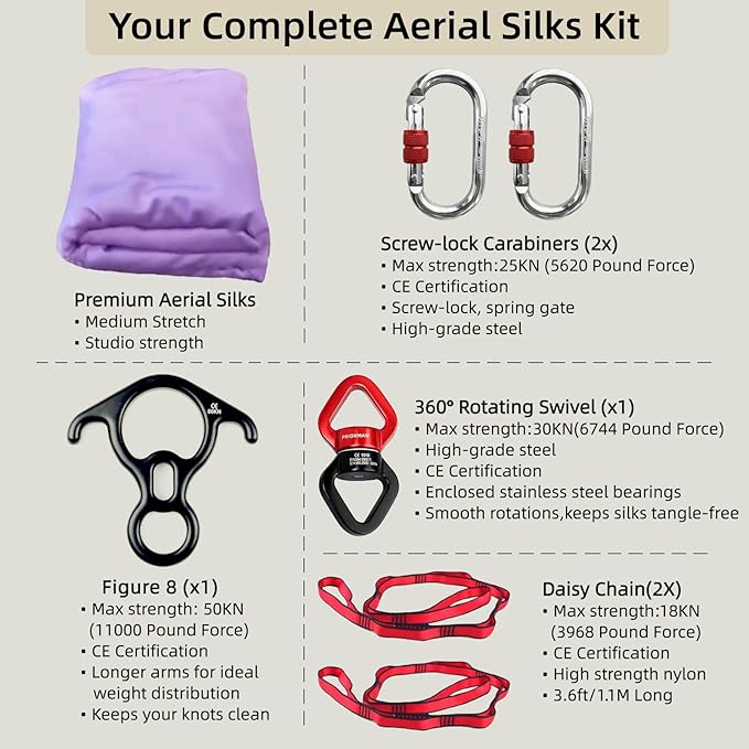 Aerial Silk Set, Premium 9Yards/8.2m Medium Stretch Fabric Silks, Perfect for AntiGravity Hammock Yoga Training & Dance Circus Performances Includes Hardwares & Daisy Chains