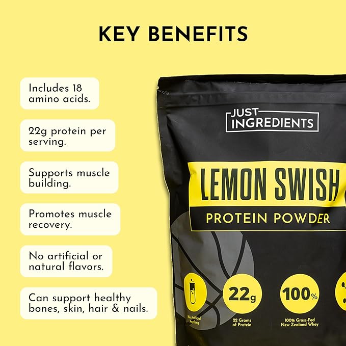 JUST INGREDIENTS Lemon Swish Protein Powder - Grass-Fed Whey, Lemon Flavor - 1.44 lb,
