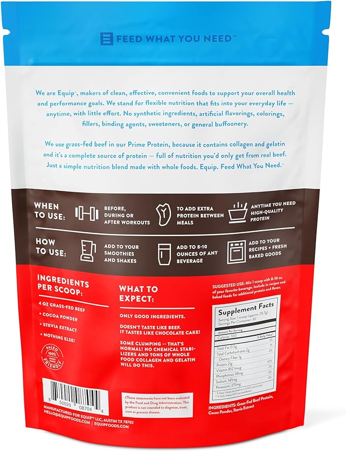 Equip Foods Prime Protein Powder | Clean, Grass Fed Beef Protein Powder | Carnivore Protein Isolate | Paleo, Keto Friendly | Gluten & Dairy Free | Helps Build & Repair Tissue | 30 Servings, Chocolate