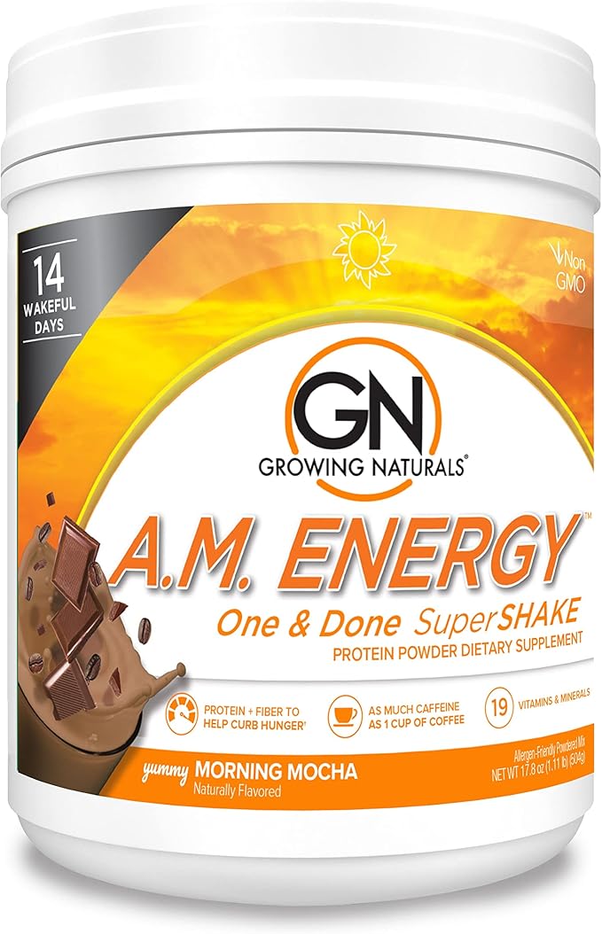 Growing Naturals All Natural Plant Based Protein, One & Done Super Shake, 18g Protein with Non-GMO High Fiber and Gluten Free, A.M. Energy 1 Pound (Pack of 1)
