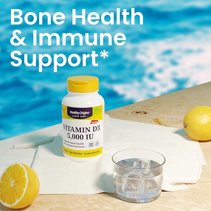 Healthy Origins Vitamin D3 5,000 IU (Non-GMO, High Potency, Bone Support, Immune Support, Gluten Free), 120 Softgels