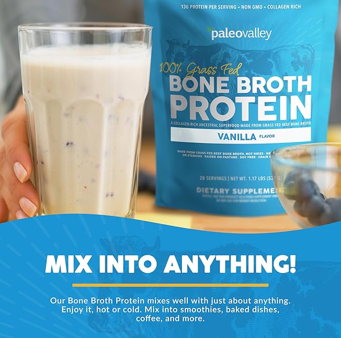 Paleovalley 100% Grass Fed Beef Bone Broth Protein Powder - Rich in Collagen Peptides for Hair, Skin, Gut Health, Bone and Joint Support - 15g Protein Per Serving - No Gluten or GMOs - Vanilla