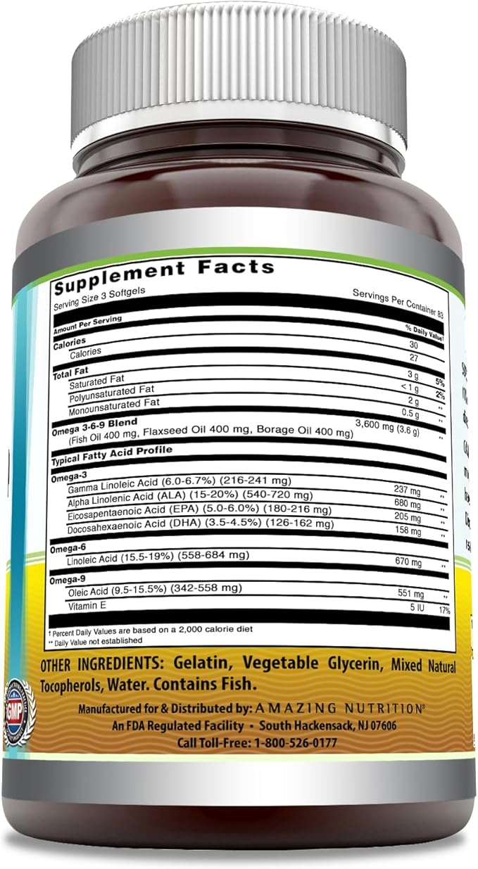 Amazing Omega 3.6.9 Supplement | 1200 Mg Per Serving | 250 Softgels | Unflavored | Non-GMO | Gluten-Free | Made in USA