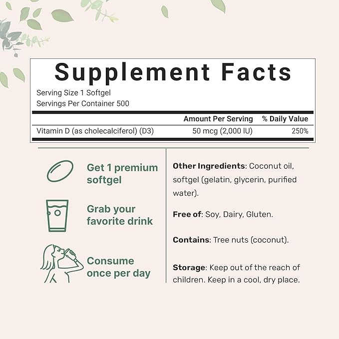 Micro Ingredients Vitamin D3 2,000 IU, 500 Softgels | Virgin Coconut Oil | Cholecalciferol Form | Bone, Immune & Heart Support | Easy to Swallow, Non-GMO