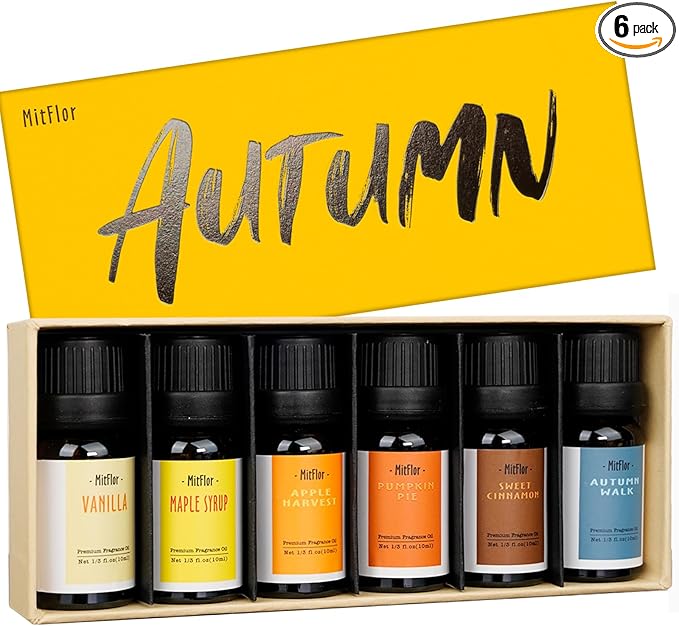Autumn Essential Oils, MitFlor Fall Fragrance Oils for Candle Soap Making, 10ml x 6 Essential Oils for Diffusers for Home, Aromatherapy Gift Set for Halloween, Pumpkin Pie, Maple Syrup & Autumn Walk