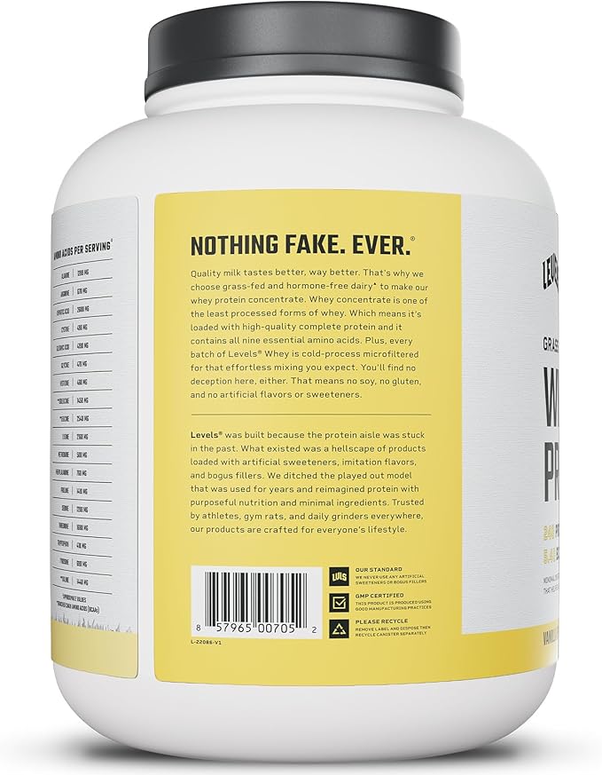 Levels Grass Fed Whey Protein Powder, No Artificials, 24G of Protein, Vanilla Bean, 5LB