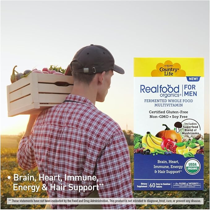 Country Life RealFood Organics for Men – 60 Tablets | 1,300mg Organic Fermented Whole Foods, 7-Mushroom Superfood & Aloe – Certified Gluten-Free, Vegan & USDA Organic Multivitamin