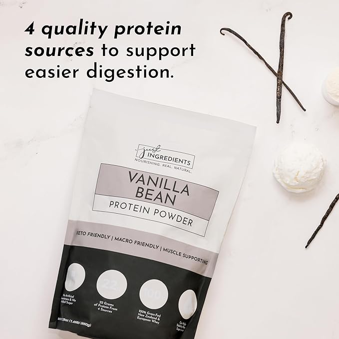 JUST INGREDIENTS Vanilla Bean Protein Powder – 20-Serving Blend with 100% Grass-Fed Whey & Organic Plant Proteins – Real Vanilla Bean & Cinnamon – Supports Muscle Recovery, Energy*