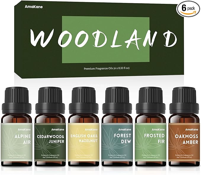 AmaKane Woodland Fragrance Oil, Forest Diffuser Oil Scents, Candle Scents for Candle Making, Soap Making Scents, Frosted Fir, Cedarwood&Juniper, Oakmoss Amber and More Essential Oils 6x10ml
