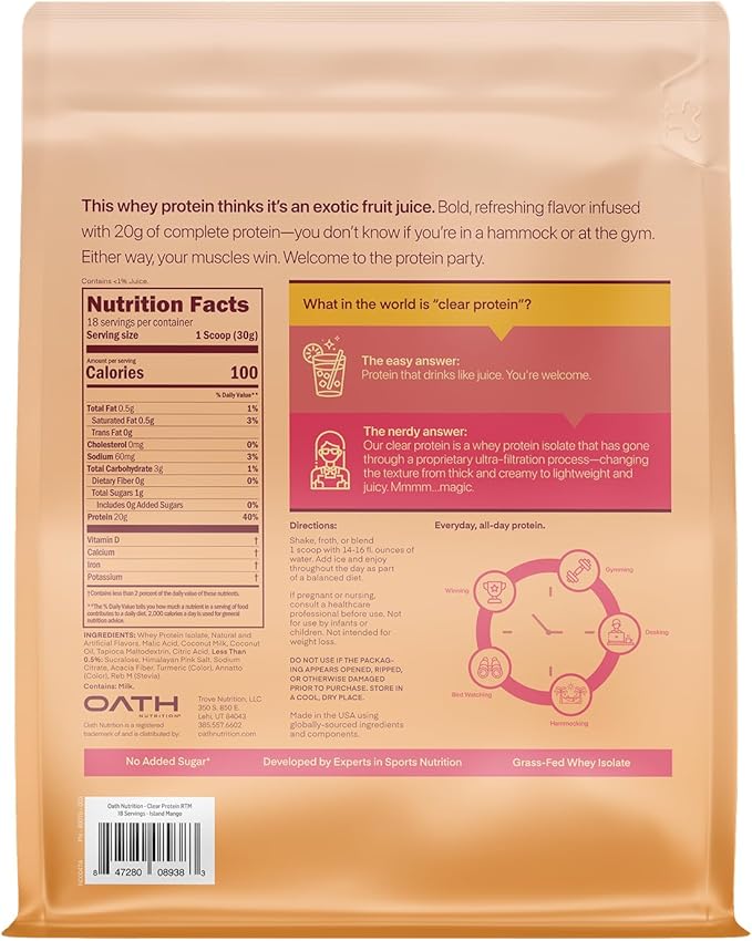 Oath Nutrition Clear Whey Isolate Protein Powder, Island Mango, 20g Complete Protein per Serving, No Added Sugar, Grass-Fed, 18 Servings