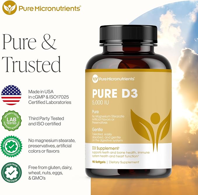 Pure Micronutrients Pure D3 – Vitamin D3 5000 IU, Natural Vitamin D Supplements (Cholecalciferol) - Immune Support, Healthy Muscle Function & Bone Health - 90 Mini Softgels