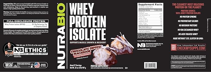 NutraBio 100% Whey Protein Isolate Protein Powder, 25g Protein with Complete Amino Acid Profile, Non-GMO, Soy & Gluten Free, Low Carb, Low Calorie Whey Protein Powder, Chocolate Dipped Macaroon, 2 Lbs