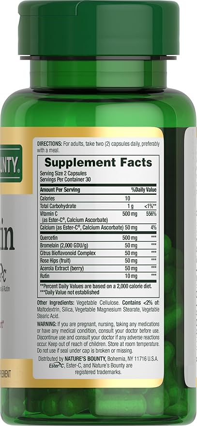 Nature’s Bounty Quercetin, Immune Support, 500mg, With Vitamin C, Rose Hips, & Rutin, 60 count
