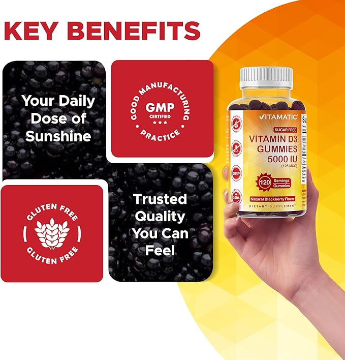 Vitamatic Sugar Free Vitamin D3 5000 IU - 120 Gummies - Great Taste - Healthy Bones, Mood & Immune System Function - Non-GMO - 120 Servings (5000 IU)